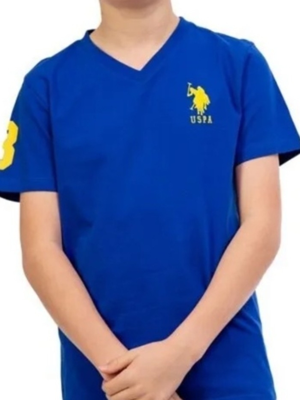 U.S. Polo Assn. Boys' V-Neck Tee in Royal Blue with Yellow Logo